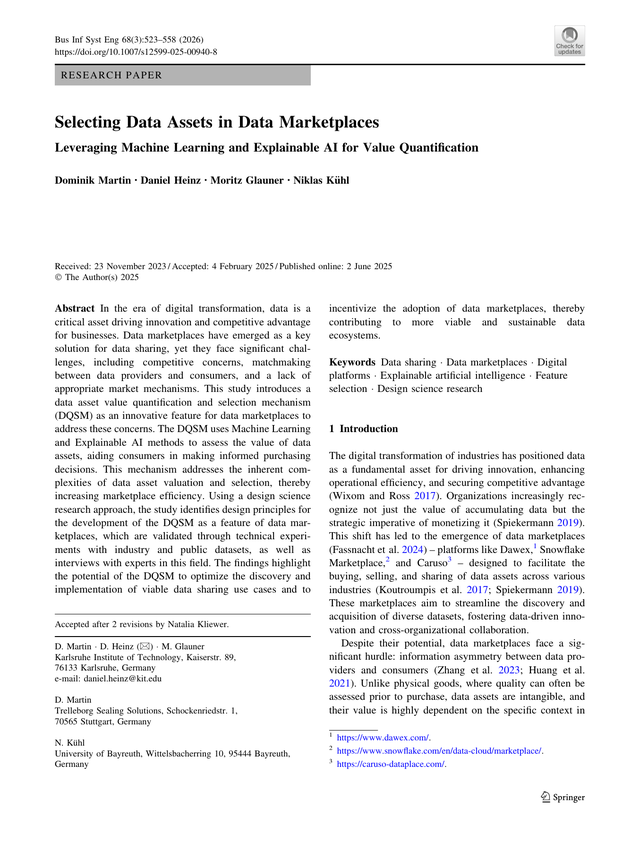 First page of Selecting Data Assets in Data Marketplaces: Leveraging Machine Learning and Explainable AI for Value Quantification