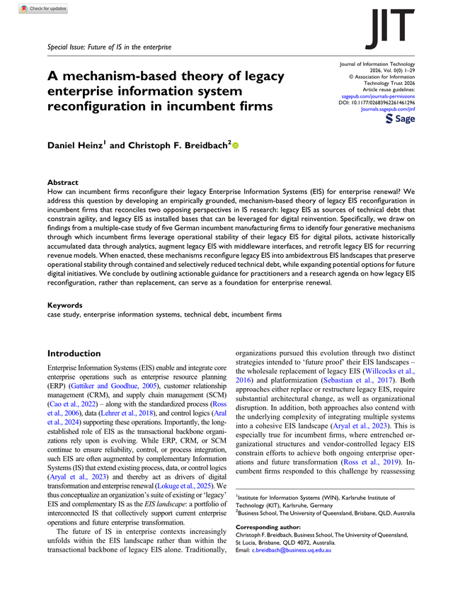 First page of the Journal of Information Technology article by Daniel Heinz and Christoph F. Breidbach