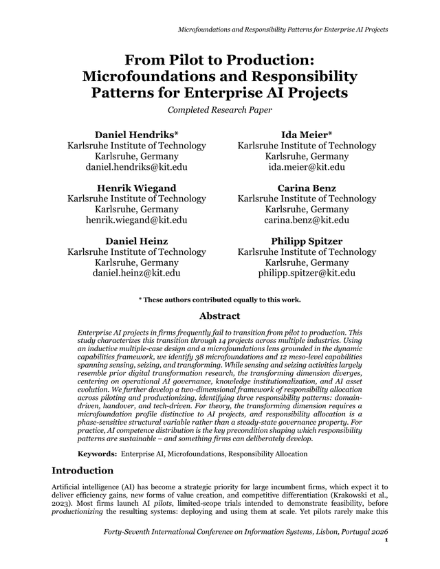 First page of From Pilot to Production: Microfoundations and Responsibility Patterns for Enterprise AI Projects